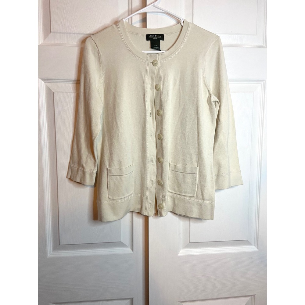 Eddie Bauer Cream Cotton Blend Button Front Cardigan Sweater Pockets Medium